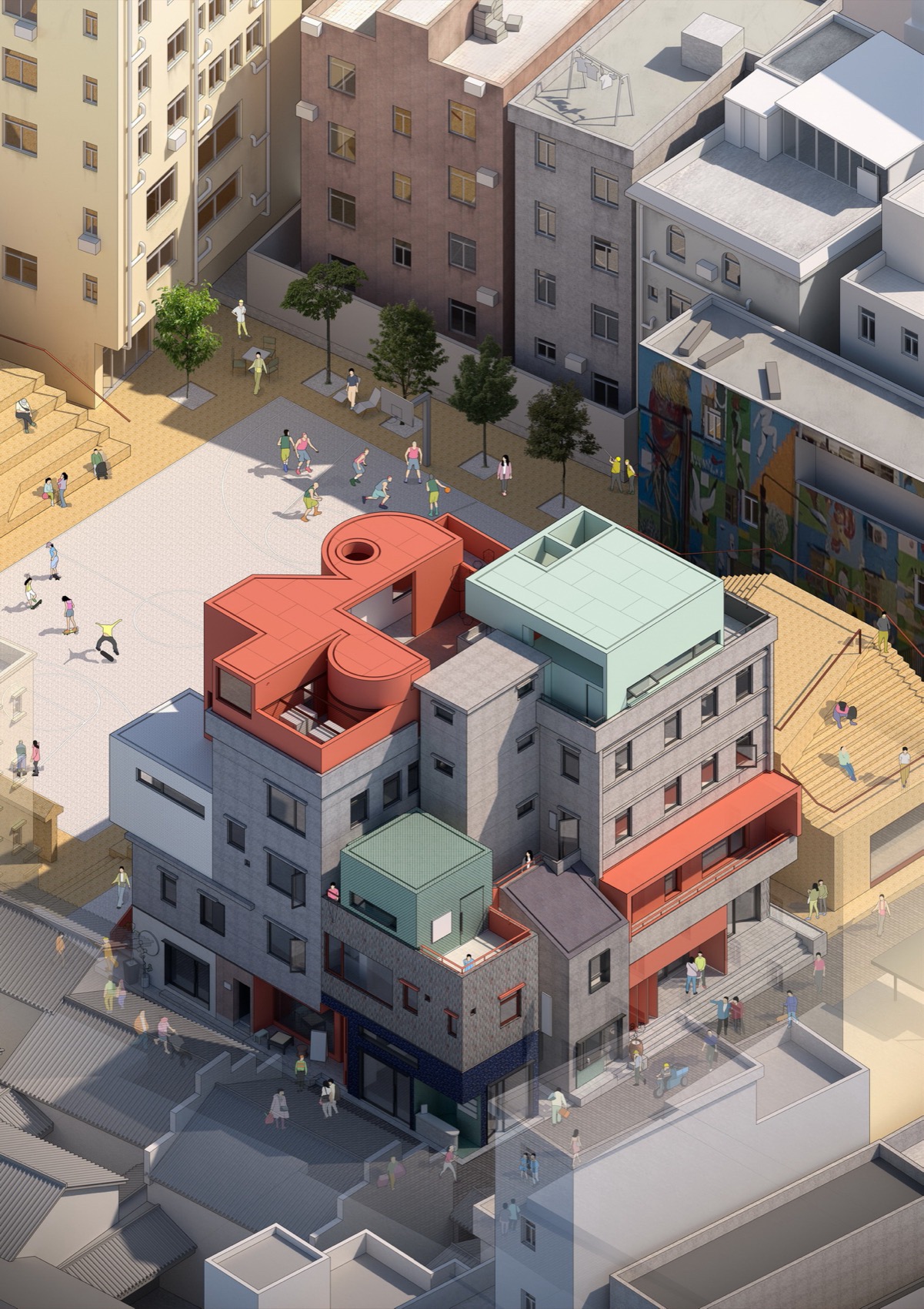 Architectural illustration of small additions and active public spaces within Nantou Ancient Town
