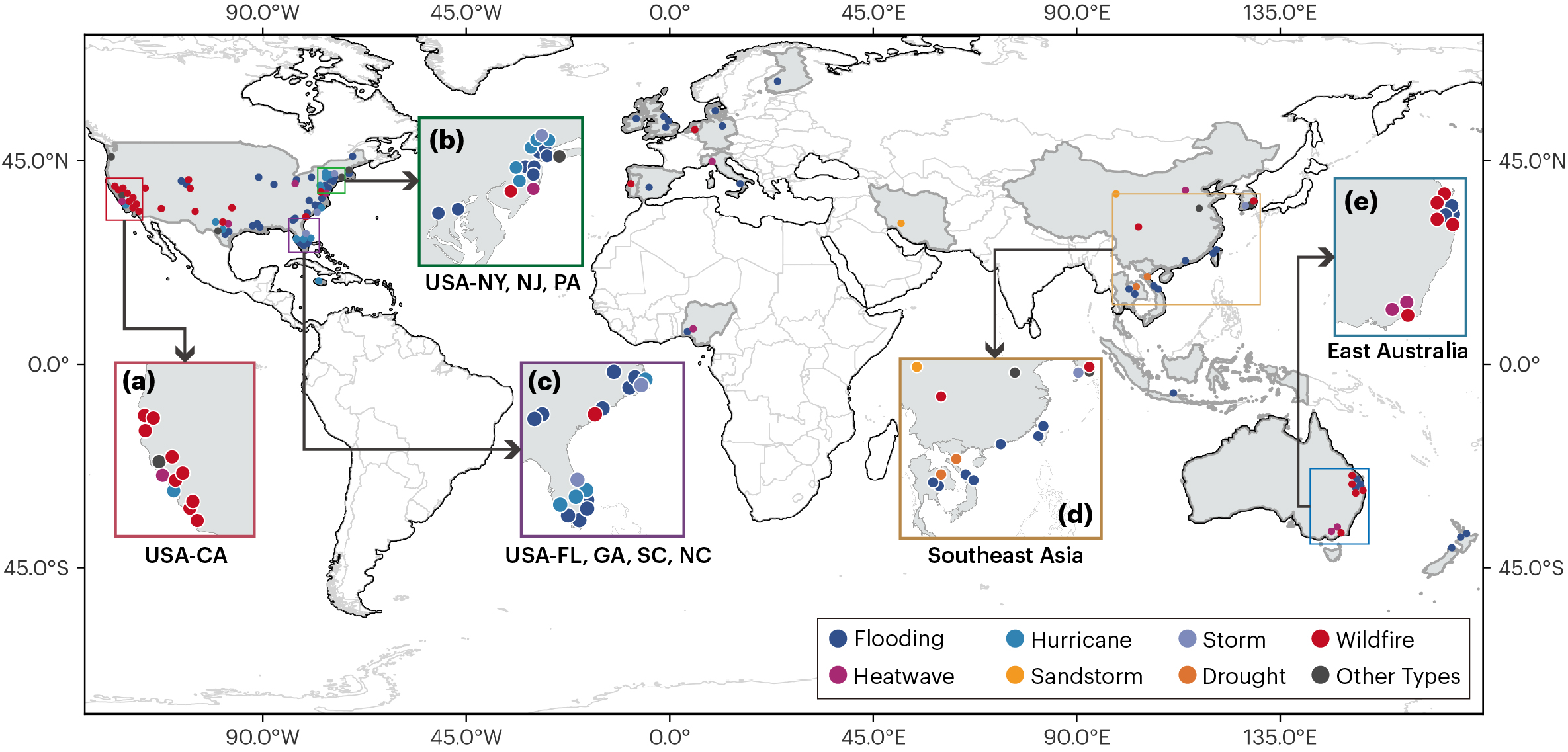 World map locating empirical studies of climate hazards and land-based economic outcomes
